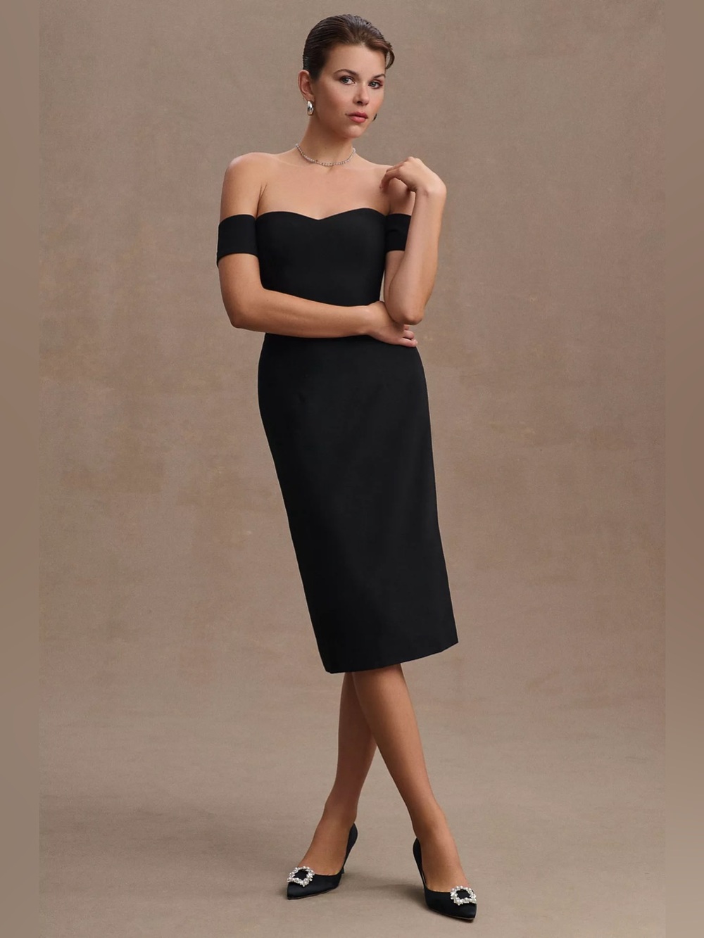 Dress the Population Bailey Black midi dress evening event wedding guest Large